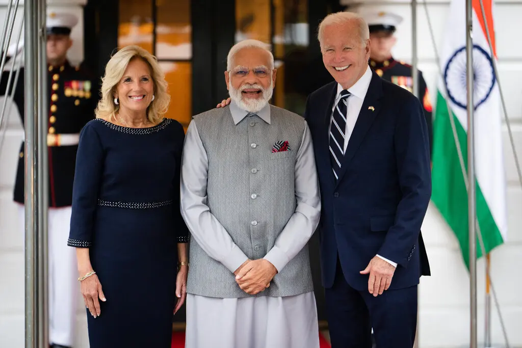 First Lady Jill Biden and President Joe Biden extend a warm welcome to Prime Minister Narendra Modi of India as they host a private dinner at the White House on Wednesday.