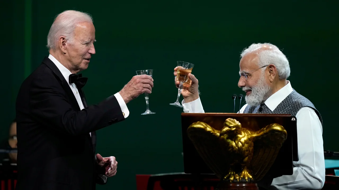 Prime Minister Narendra Modi of India raises a toast alongside President Joe Biden at a State Dinner held in their honor at the White House in Washington, D.C. on Thursday, June 22, 2023.