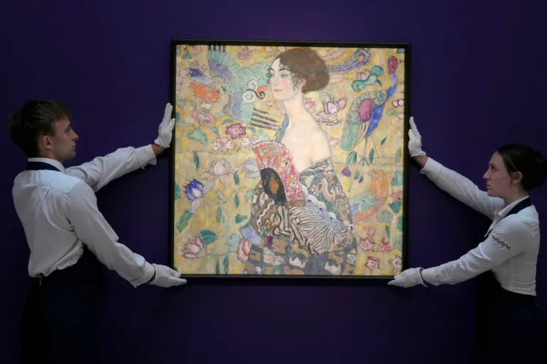 Gustav Klimt's Lady with a Fan (Dame mit Faecher) on display at Sotheby's London Auction Room, June 20, 2023