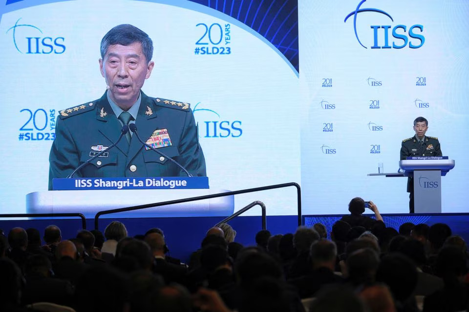 Chinese Defense Minister Li Shangfu addresses the audience at the IISS Shangri-La Dialogue in Singapore on June 4, 2023.