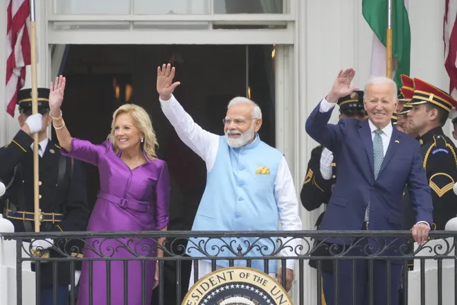 President Joe Biden and First Lady Jill Biden warmly receive Prime Minister Narendra Modi of India at the White House during an official state visit.