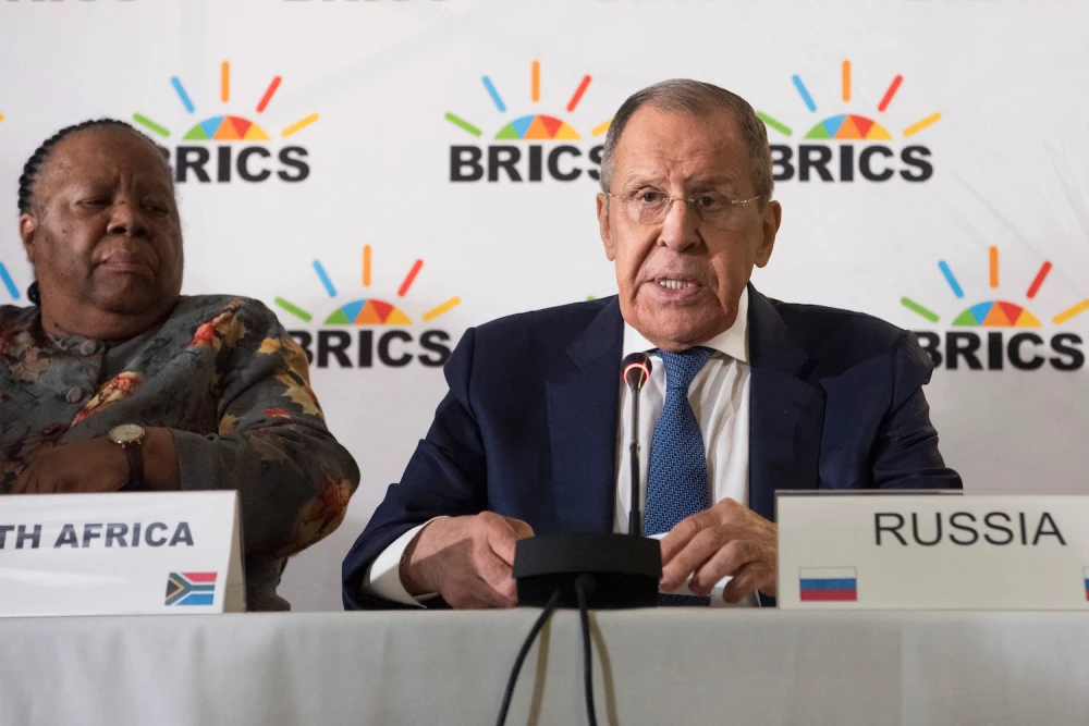 Naledi Pandor, South African Minister of International Relations and Cooperation, and Sergey Lavrov, Russian Minister of Foreign Affairs, hold a press conference at the BRICS foreign ministers' meeting in Cape Town, South Africa on June 1.