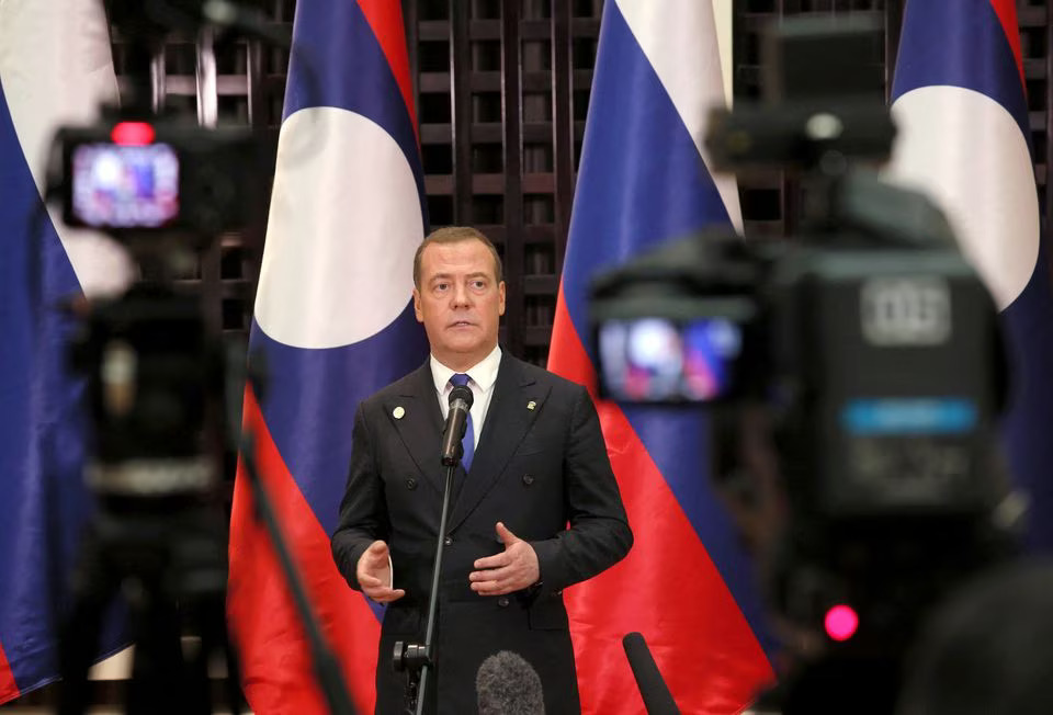 Dmitry Medvedev, Russia's Deputy head of the Security Council, addresses the media in Vientiane, Laos, on May 23, 2023.