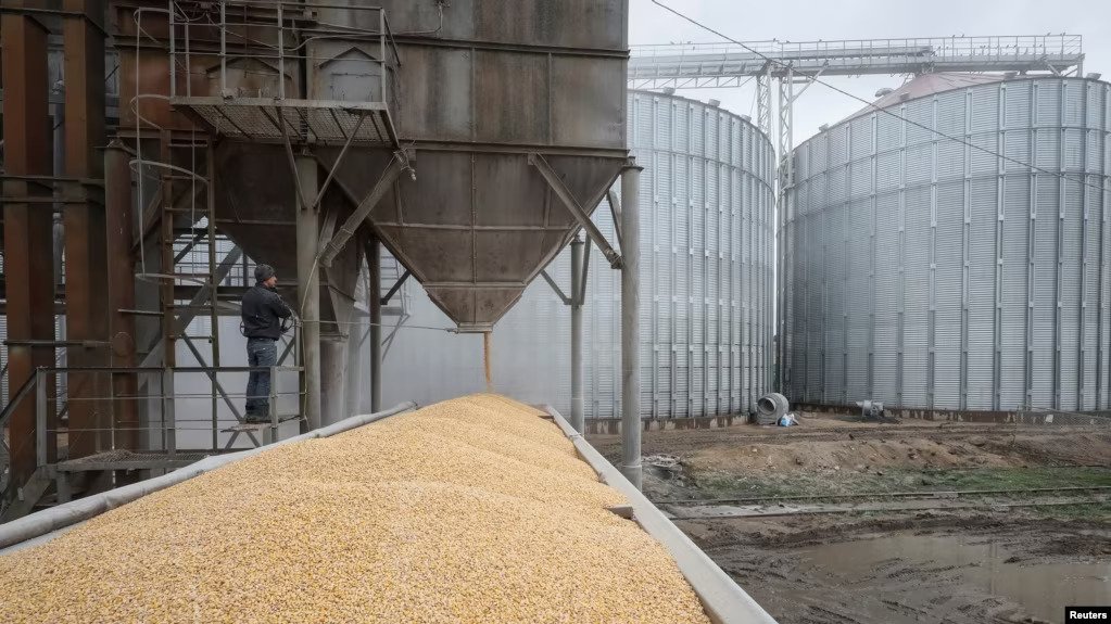 Corn being loaded into a truck at a grain storage facility in Bilohiria, Khmelnytskyi Region, Ukraine, April 19, 2023.