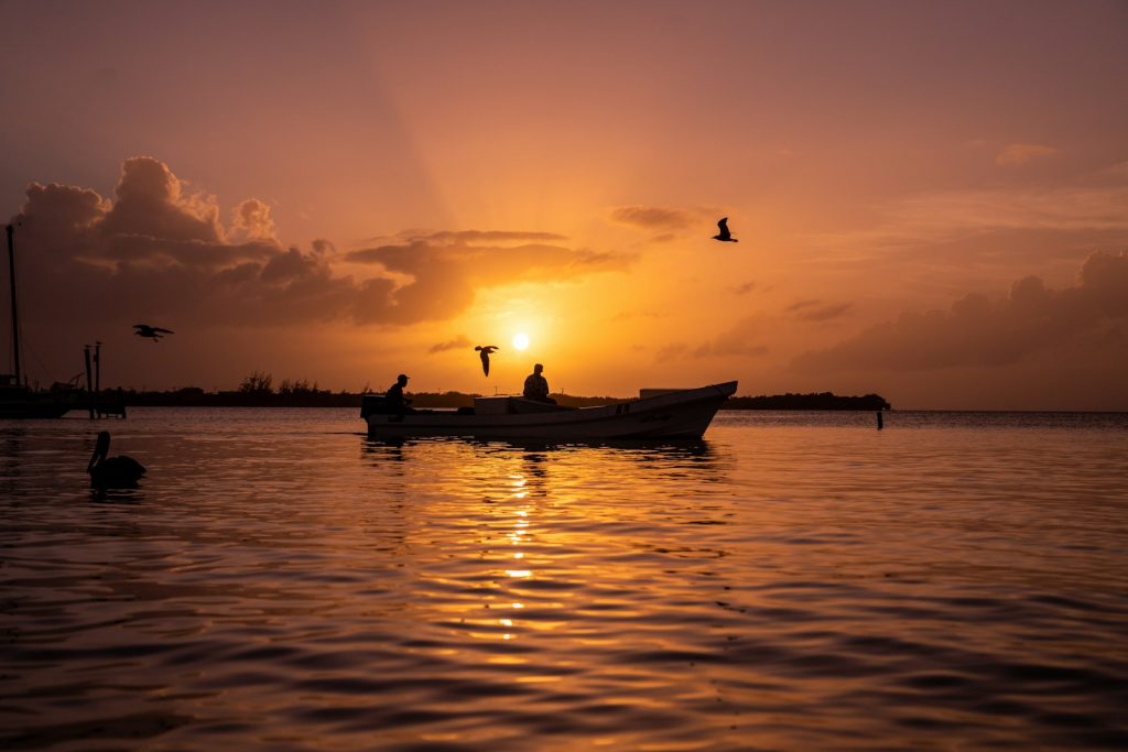 silhouette of 2 people riding on boat during sunset Marine Conservation in Belize Roaming with Purpose