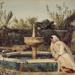 a painting of a woman sitting by a fountain