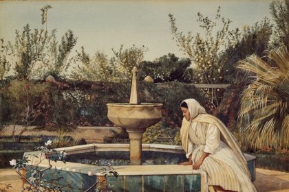 a painting of a woman sitting by a fountain