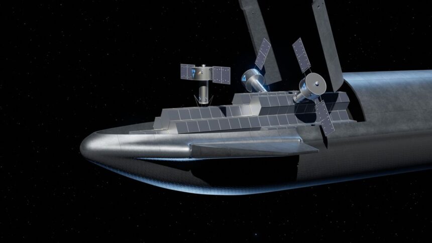An illustration of a SpaceX Starship deploying several orbital manufacturing satellites in space. (Image credit: Victus Solis)