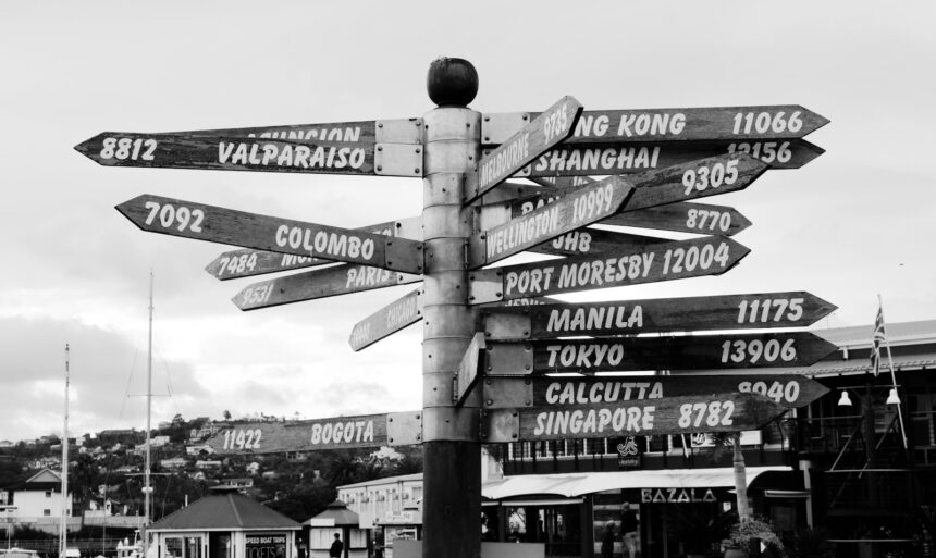 Destinations grayscale photo of street sign