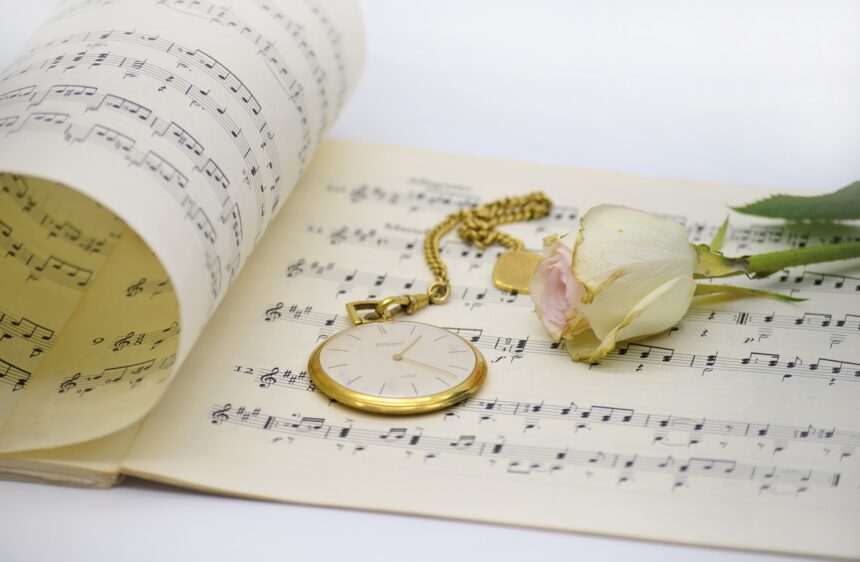 pocket watch, rose, sheet music