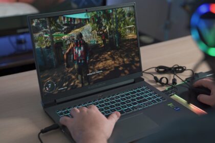 a person playing a video game on a laptop