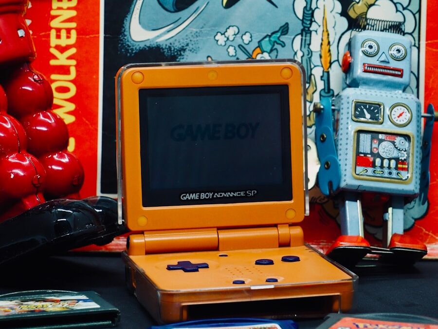 a yellow computer on a table Running and jumping Tall Man Run