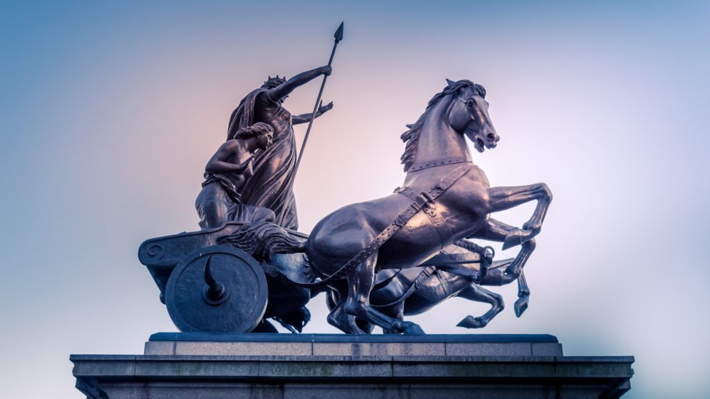 two men riding carriage statue Kingdom in Peril Jacksmith