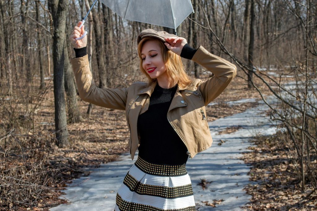 woman, umbrella, cap