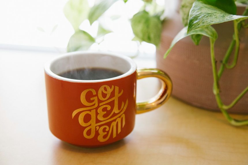 orange and white ceramic mug near green leaf plant with brown potted