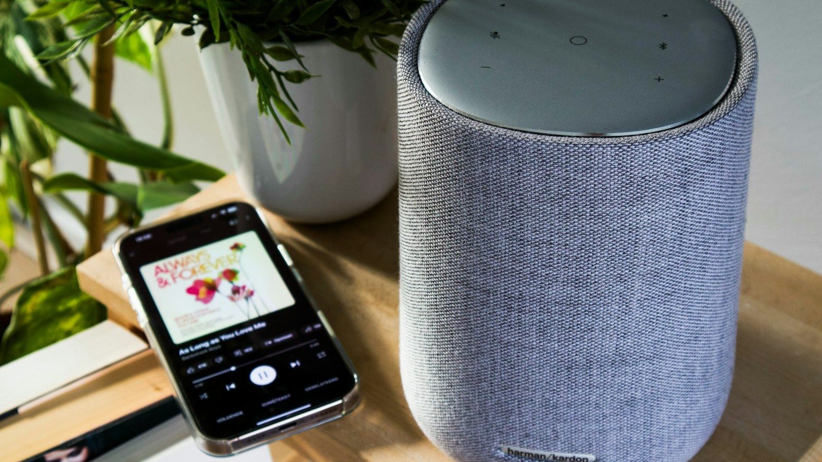 A smartphone is connected to a cylinder speaker. Leverage Networks Bootstrapped Ventures