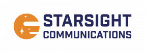 Starsight communications logo. Company name in navy alongside an orange planet with white stars.