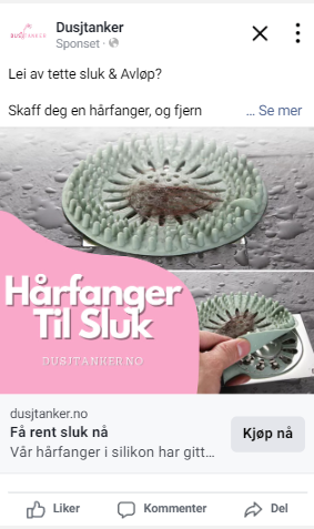 Første annonse for dusjtanker.no hårfanger