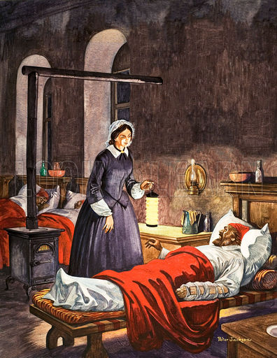 Florence Nightingale. The Lady with the Lamp, visiting the sick soldiers in hospital