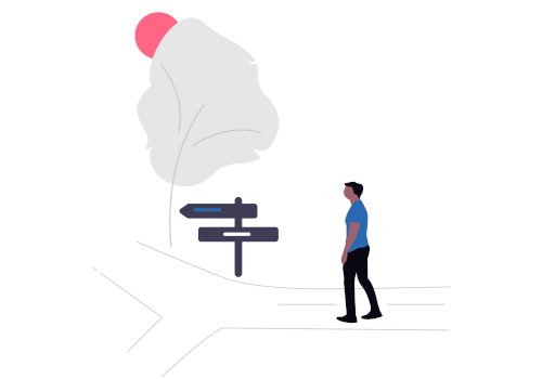 Illustration mit einem Mensch, der vor einer Weggabelung steht