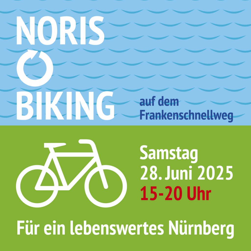 Zweigeteilte Illustration: unten grüne Fläche mit einem weißen Fahrrad-Piktogram; oben hellblau mit angedeuteten Wellen. Dazu die Veranstaltungsinfo und der Untertitel "Für ein lebenswertes Nürnberg"