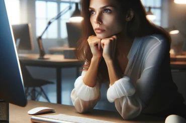 A Lady Entrepreneur staring at a blank computer screen