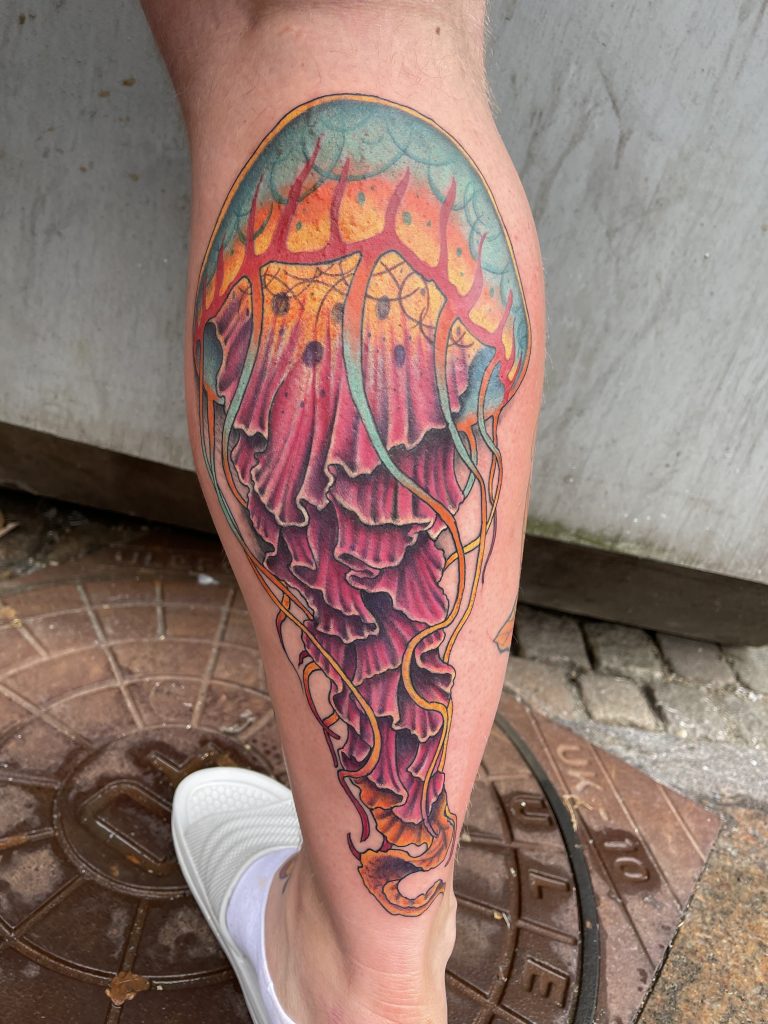 Newschool colors leg tattoo ocean