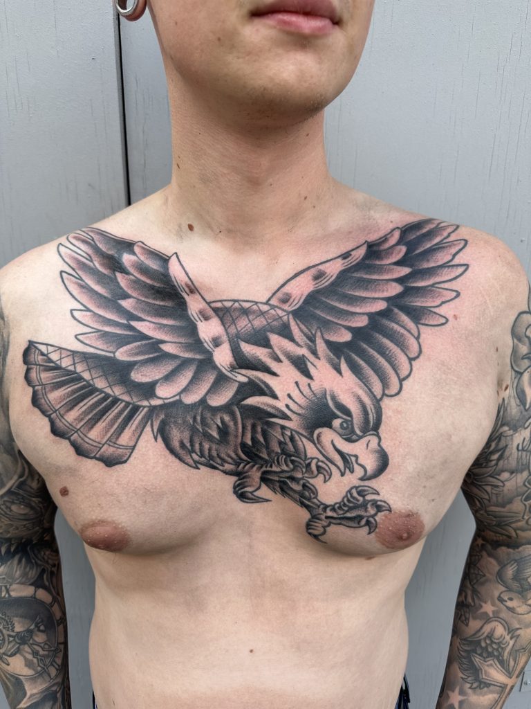 Chestpiece tattoo eagle black and gray