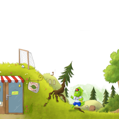 Der Dinojunge Tino hüpft über eine Wurzel am linken Rand ist ein Laden zu sehen. Darüber ein Fußballfeld