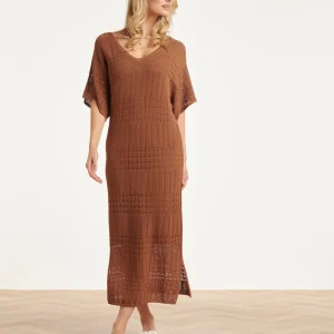 Smashed Lemon Gebreide Maxi-Jurk Met V-Hals In Bruin