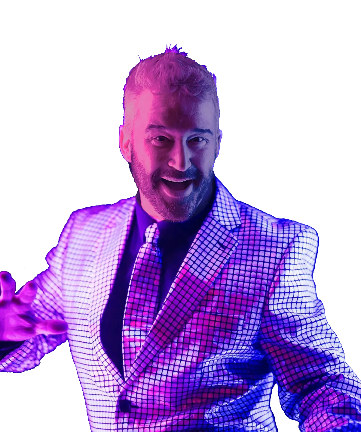 A picture of DJ and Host Steve McKenna in a mirrored suit.