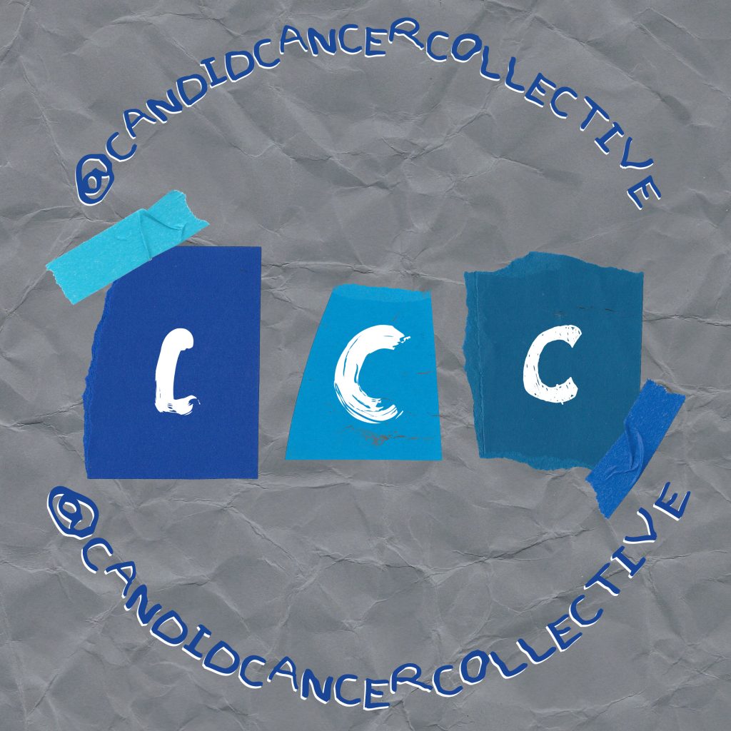 The background is crumpled grey paper. Three letters of C are collaged in the middle on top of blue paper in white paint. The circular design reads @candidcancercollective both above and underneath