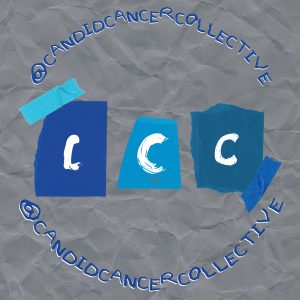 The background is crumpled grey paper. Three letters of C are collaged in the middle on top of blue paper in white paint. The circular design reads @candidcancercollective both above and underneath