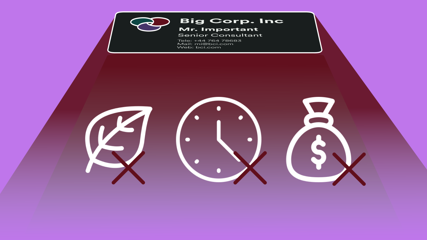Traditional business card casting a shadow on icons of a leaf, a clock and a bag of money