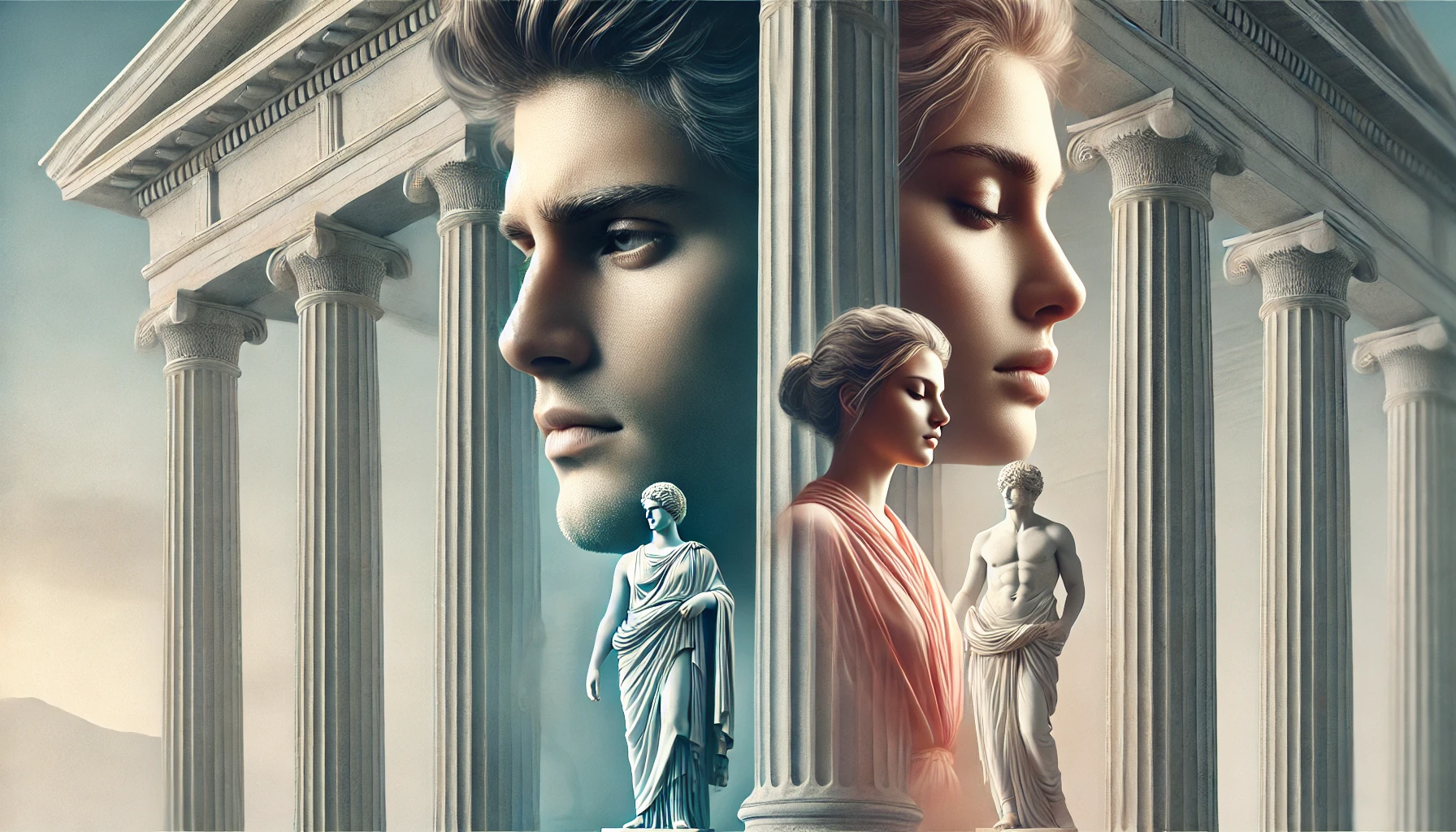 Modern individuals standing amidst ancient Greek columns, reflecting deeply, symbolizing the integration of Stoic virtues into contemporary life.