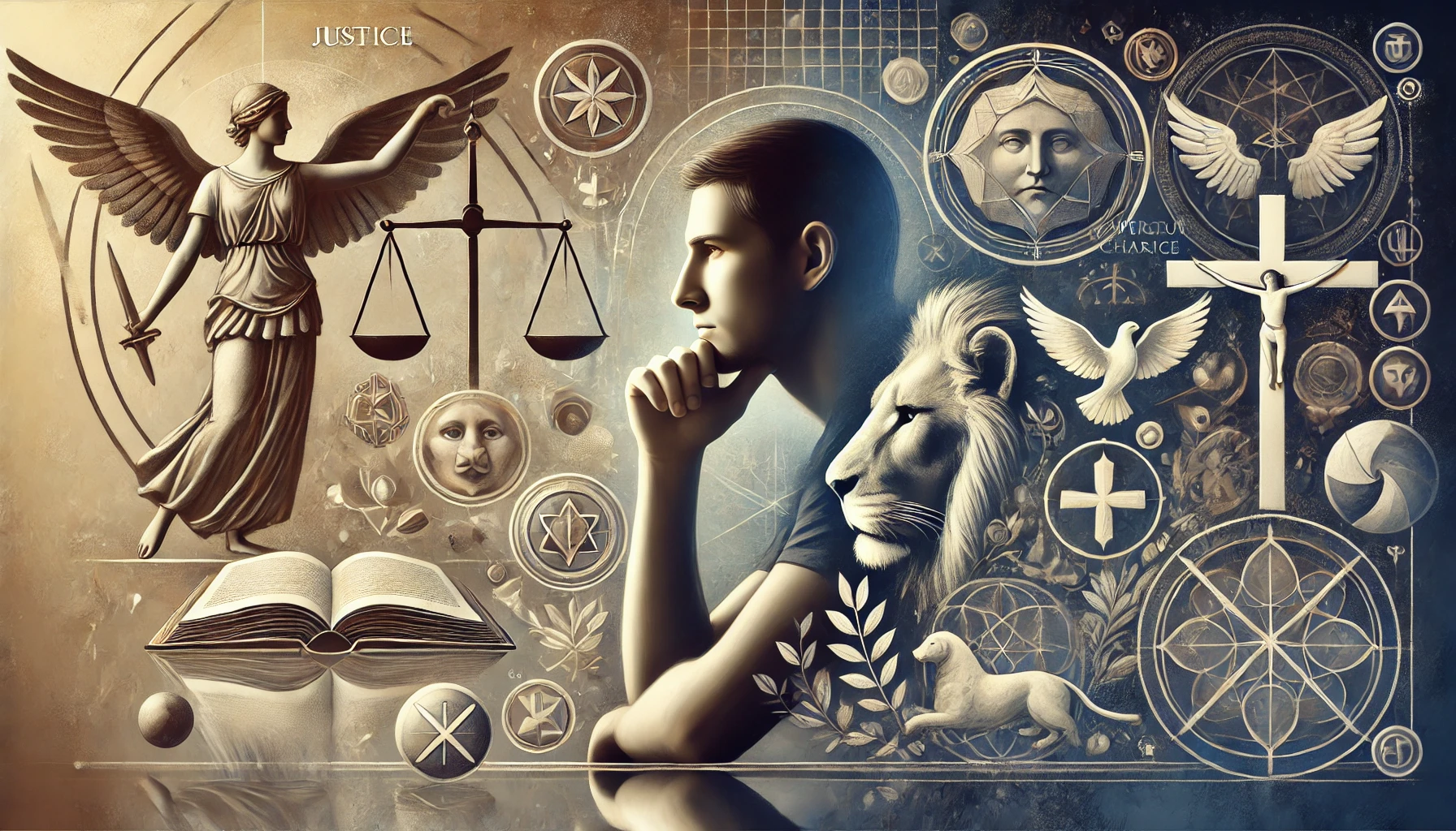 Modern individual reflecting amidst a serene background with symbols of Stoic and Christian virtues, including scales, a book, a lion, a chalice, a cross, a heart, and a dove.