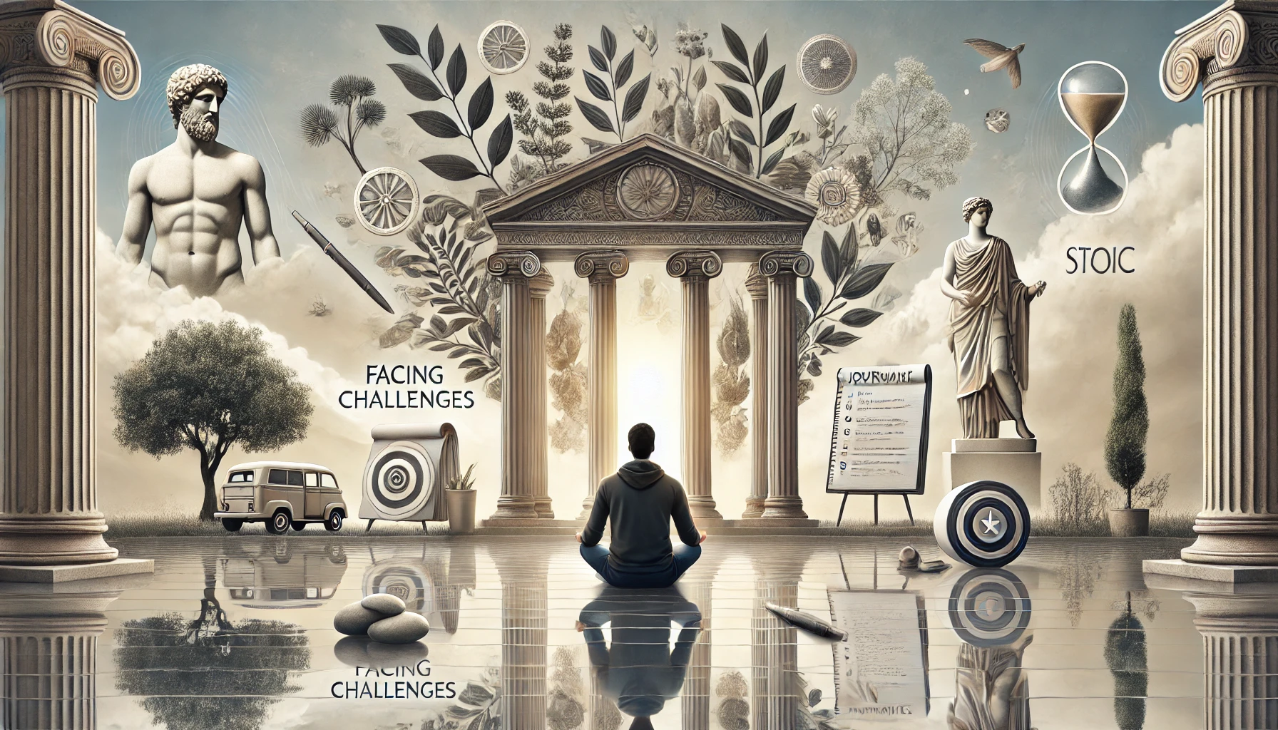Modern individual practicing Stoic life rules such as journaling, meditation, and facing challenges, with Greek columns in the background symbolizing Stoic wisdom.