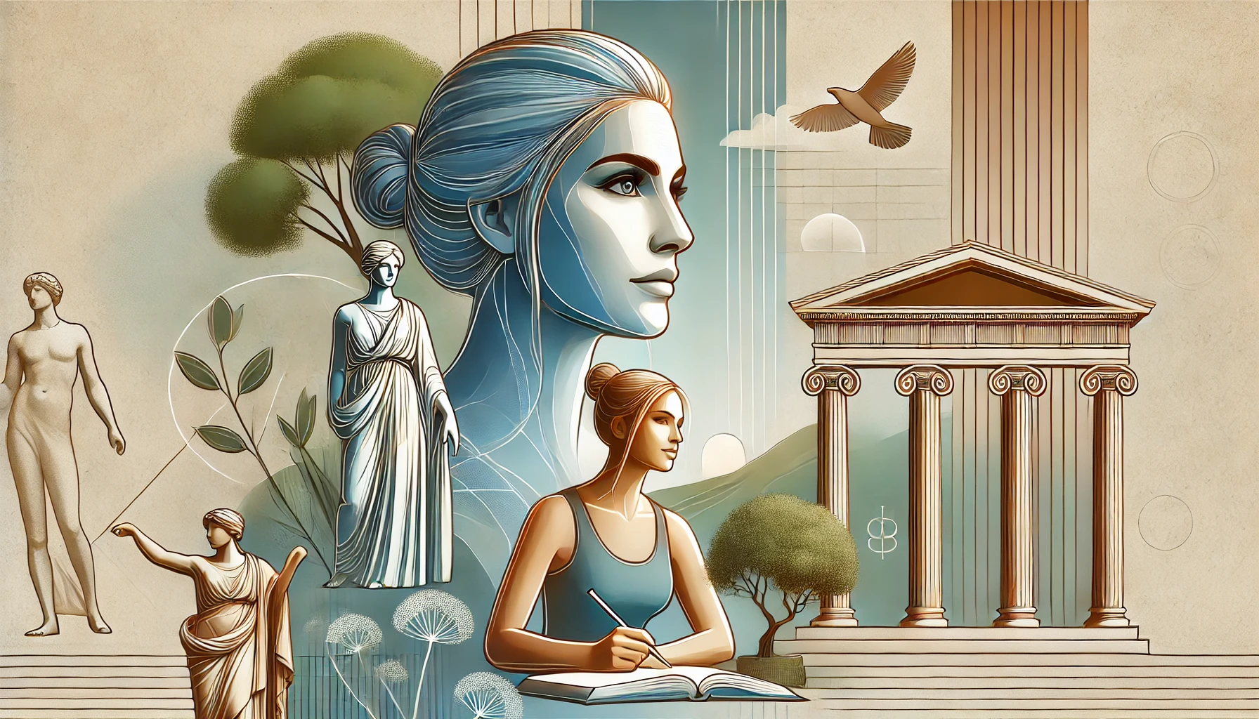 Modern woman practicing Stoic principles like journaling and meditation in a serene setting with Greek columns in the background, symbolizing ancient wisdom.
