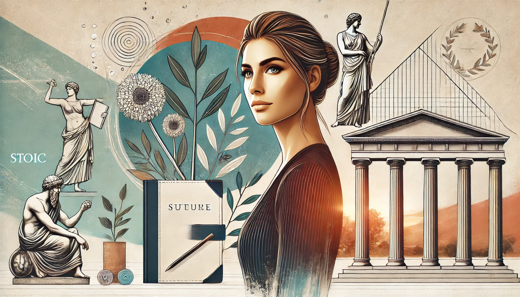 Modern woman exuding confidence and courage in a serene setting with elements of journaling, meditation, and Greek columns, symbolizing Stoic principles.