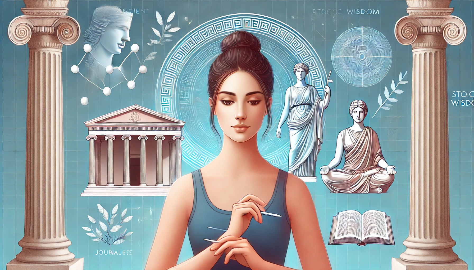 Modern woman practicing Stoic wisdom through reading, journaling, and meditating in a serene setting with Greek columns in the background, symbolizing ancient wisdom.