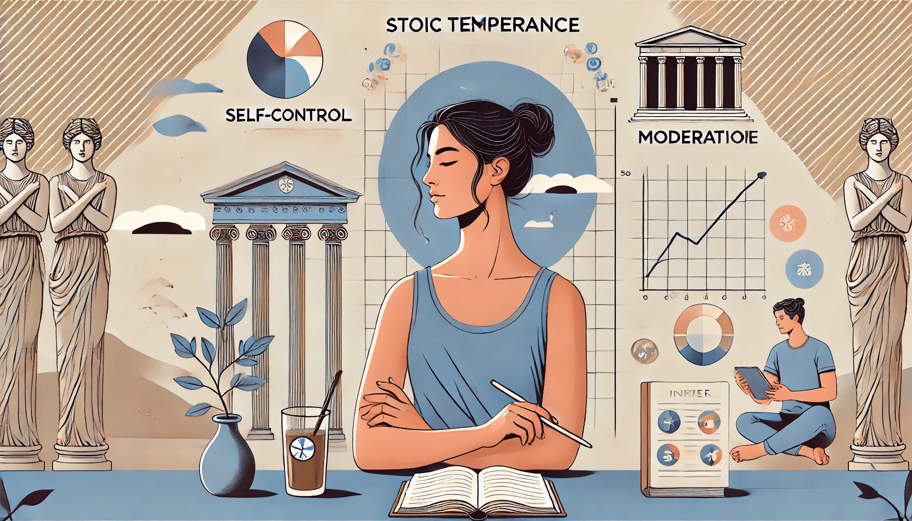 Modern woman practicing Stoic temperance through balanced activities, mindful meditation, and journaling in a serene setting with Greek columns in the background, symbolizing ancient wisdom.