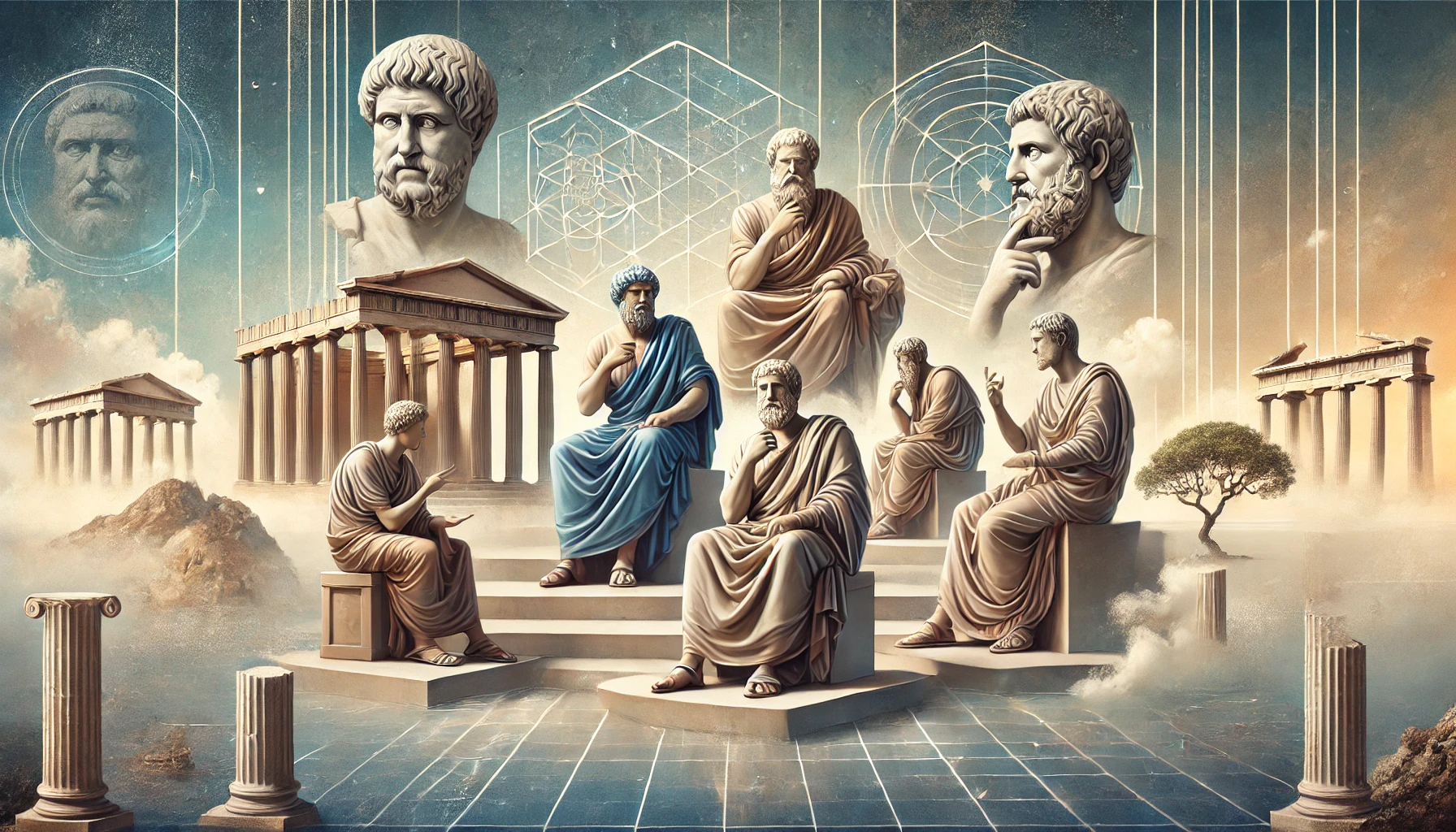 Modern depiction of famous Stoic philosophers including Seneca, Epictetus, Marcus Aurelius, and Zeno of Citium in a serene setting with Greek columns.