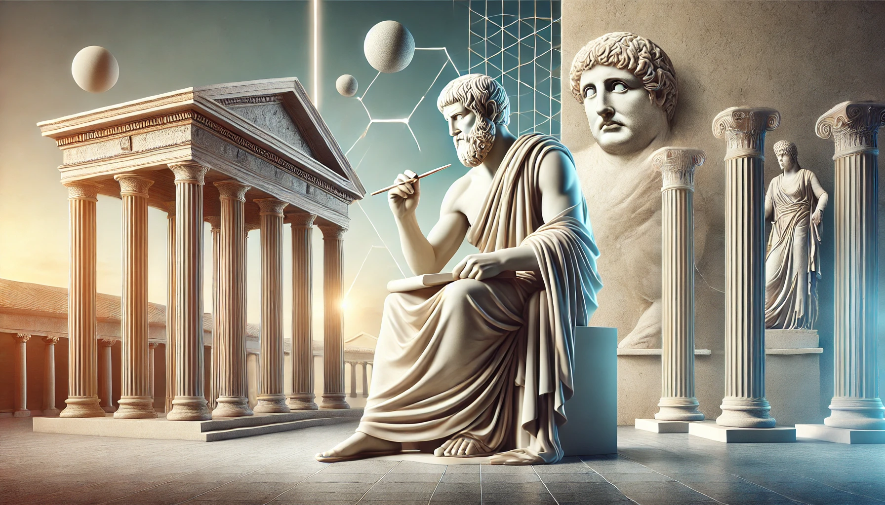 Modern depiction of Seneca, the famous Stoic philosopher, in a serene setting with Greek columns, shown in a reflective pose, writing or teaching.