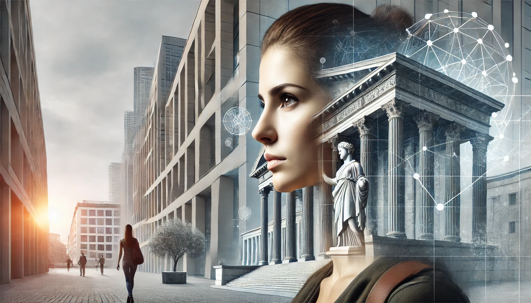 Modern woman facing everyday challenges in an urban setting with classical Greek architecture, symbolizing the application of Stoic principles to modern life.