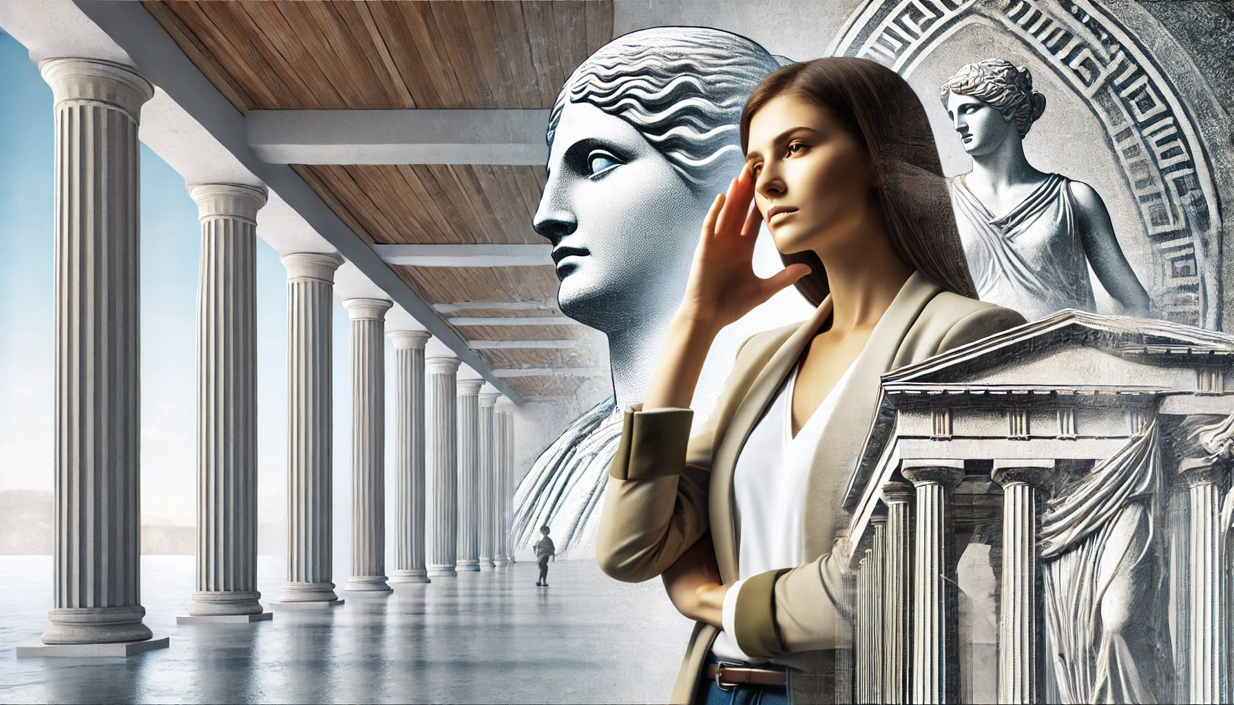 Modern woman managing stress with calm and confidence in a contemporary setting with Greek columns, symbolizing the application of Stoic principles to modern life.