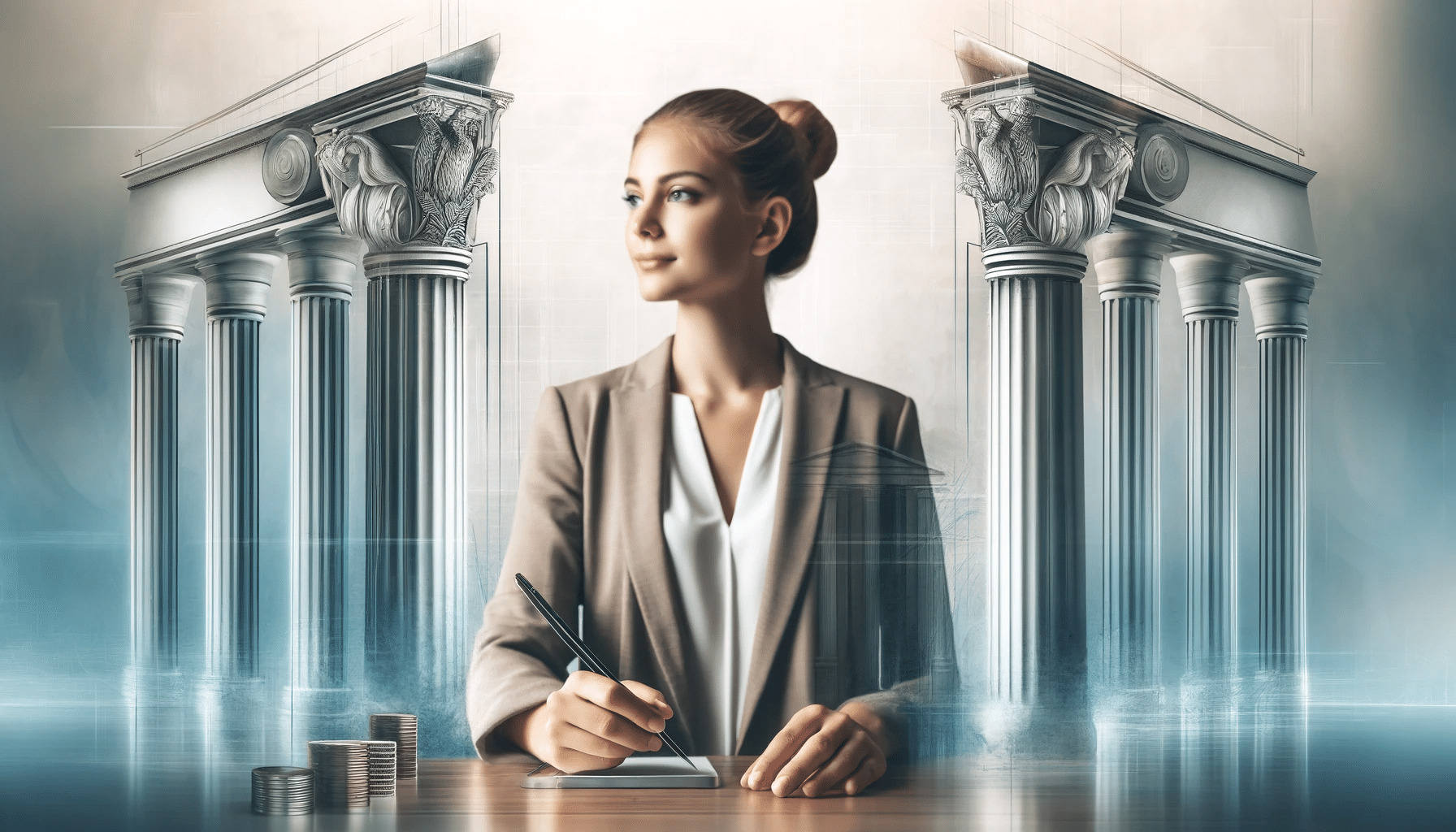 Modern woman managing finances with calm and confidence in a contemporary setting with Greek columns, symbolizing the application of Stoic principles to financial wisdom.