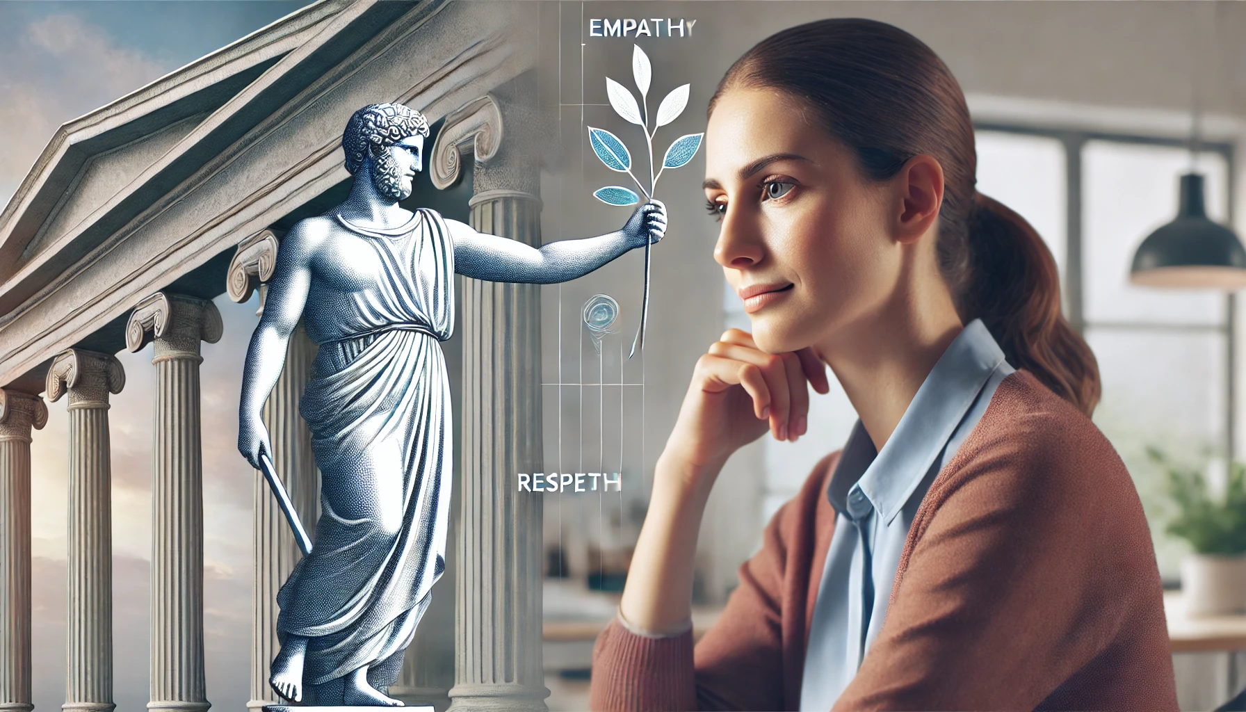 Modern woman navigating relationships with confidence in a contemporary setting with Greek columns, symbolizing Stoic principles in modern relationships.