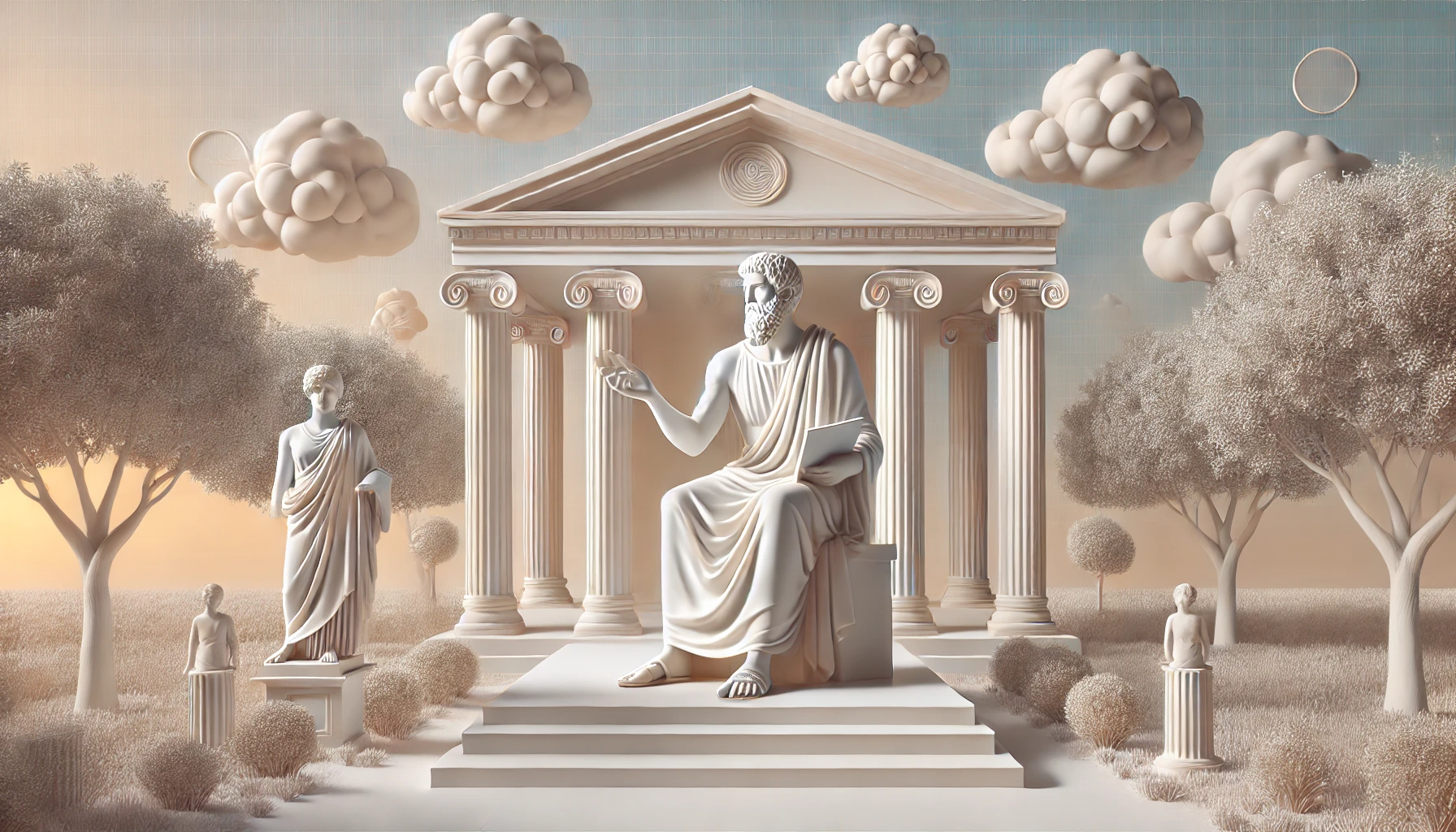 Modern depiction of Cleanthes in a serene setting with Greek columns, reflecting his focus on living in harmony with nature, self-discipline, perseverance, and wisdom.