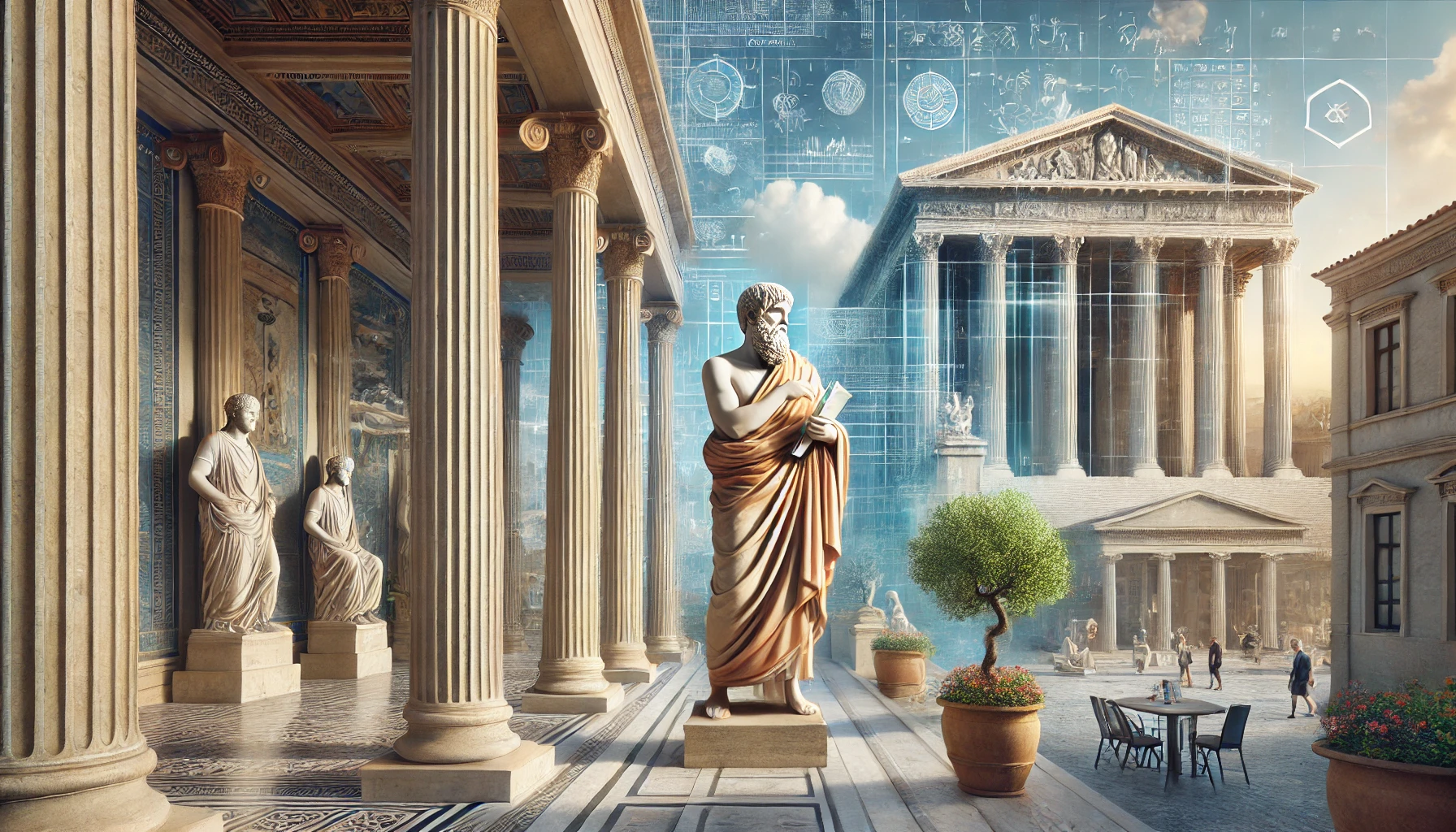 Photorealistic depiction of Chrysippus in a Greek setting with modern elements, blending ancient wisdom with contemporary life.