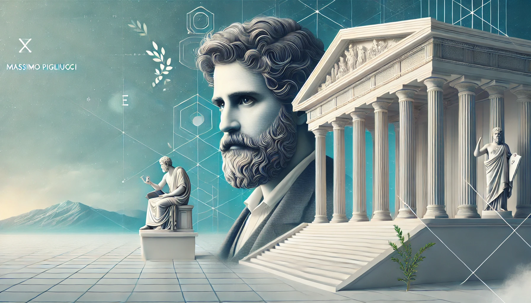 Modern depiction of Massimo Pigliucci in a serene setting with classical Greek architecture and contemporary elements, reflecting his role in bridging Stoicism and modern life.